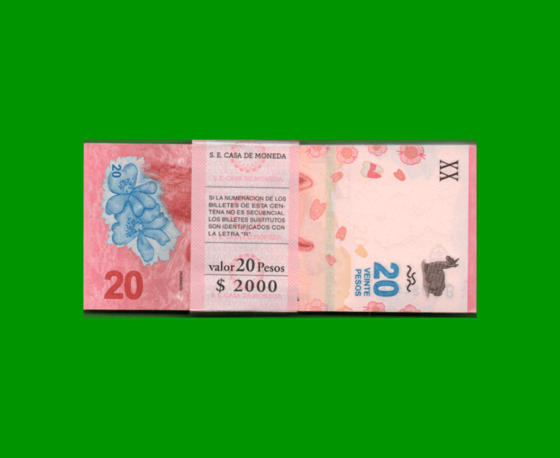 FAJO DE BILLETES PESOS 3er DISEÑO $20,00, BOT 5004, PICK NEW, AÑO 2019, ESTADO SIN CIRCULAR.-