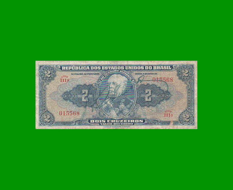 BILLETE DE BRASIL 2 CRUZEIROS, PICK 133, AÑO 1944, ESTADO BUENO.-