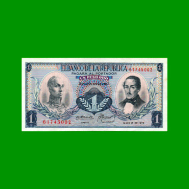 BILLETE DE COLOMBIA $ 1,00, PICK 404e, AÑO 1970, ESTADO EXCELENTE.-