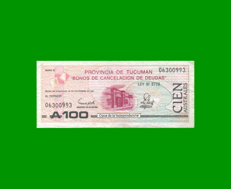 BONO DE TUCUMAN 100,00 AUSTRALES, EC 121, AÑO 1989, ESTADO MUY BUENO+.-