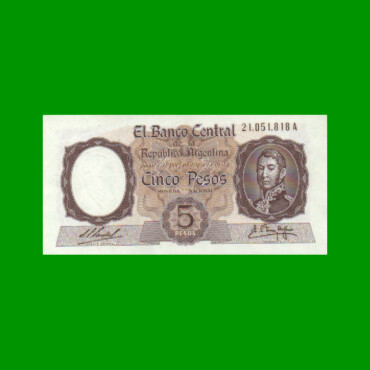 MONEDA NACIONAL $ 5,00, BOT 1921, AÑO 1960, ESTADO EXCELENTE.-