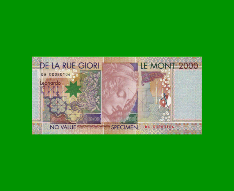 BILLETE DE ITALIA 2.000 LIRAS, SPECIMEN, DA VINCI, AÑO 2000, ESTADO SIN CIRCULAR.- - Imagen 2