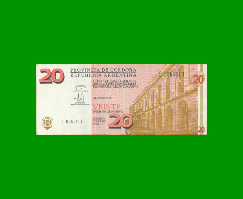 BONO DE CORDOBA $ 20,00, EC 300, AÑO 2002, SERIE E, ESTADO MUY BUENO+ .-