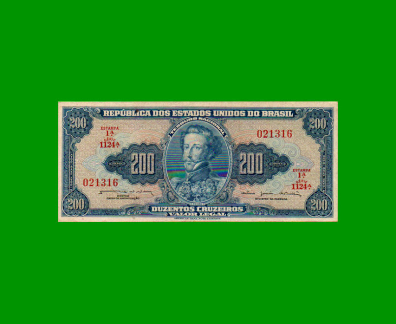 BILLETE DE BRASIL 200 CRUZEIROS, PICK 171b, AÑO 1964, ESTADO EXCELENTE.-