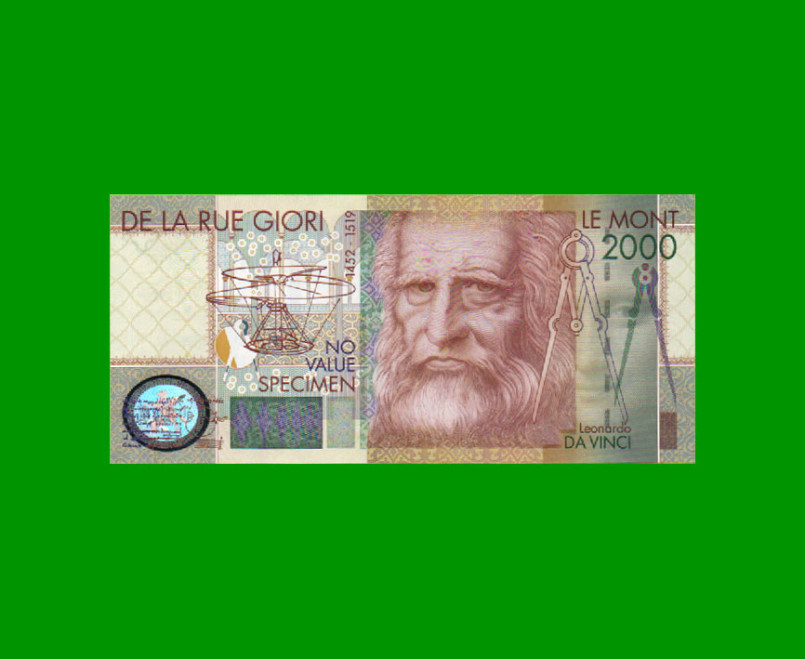 BILLETE DE ITALIA 2.000 LIRAS, SPECIMEN, DA VINCI, AÑO 2000, ESTADO SIN CIRCULAR.-