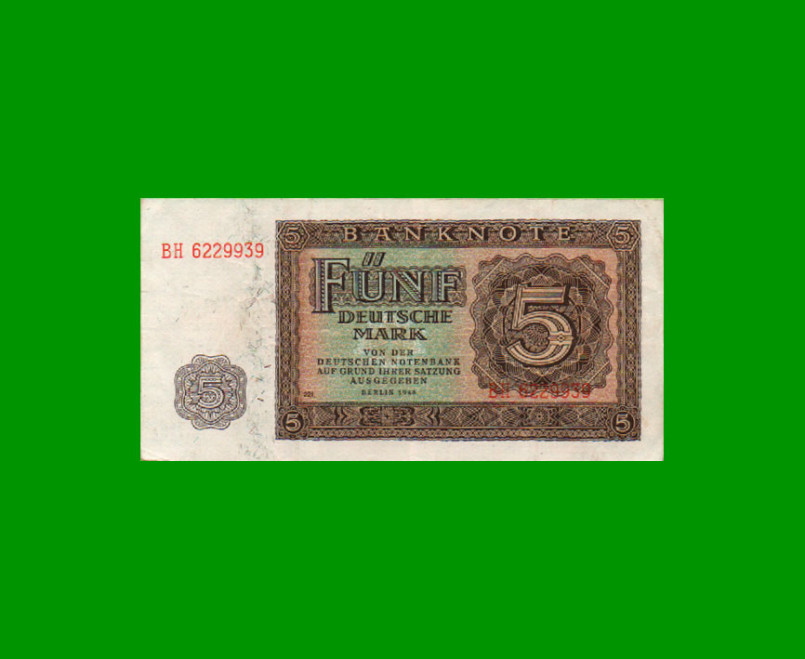 BILLETE DE ALEMANIA REPUBLICA DEMOCRATICA 5 MARCOS, PICK 11b, ESTADO MUY BUENO+ .-