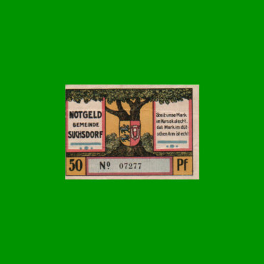 BILLETE DE ALEMANIA NOTGELD CIUDAD DE SUCHSDORF 50 CENTAVOS, M. M. 1291.1, ESTADO MUY BUENO.-