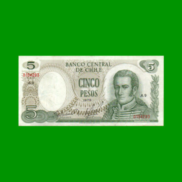 BILLETE DE CHILE $ 5,00, PICK 149a, AÑO 1975, ESTADO MUY BUENO+ .-