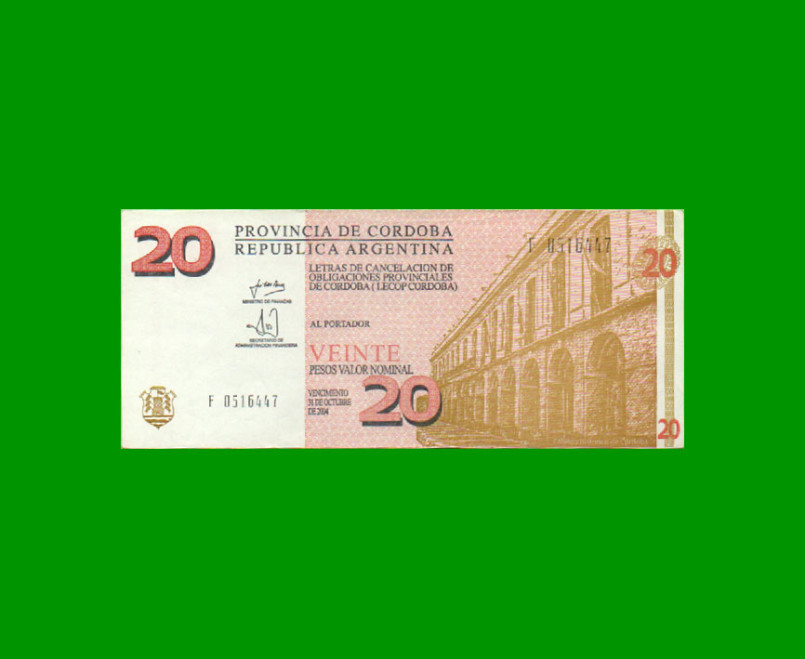 BONO DE CORDOBA $ 20,00, EC 301, AÑO 2002, SERIE F, ESTADO MUY BUENO+ .-