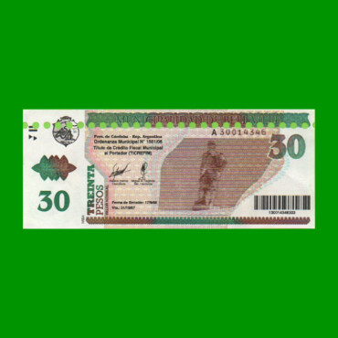 BONO MUNICIPALIDAD DE BELL VILLE $30,00, AÑO 2006/2007, ESTADO EXCELENTE.-