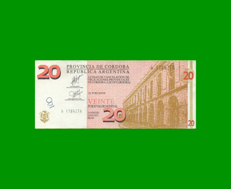 BONO DE CORDOBA $ 20,00, EC 302, AÑO 2002, SERIE G, ESTADO MUY BUENO+ .-