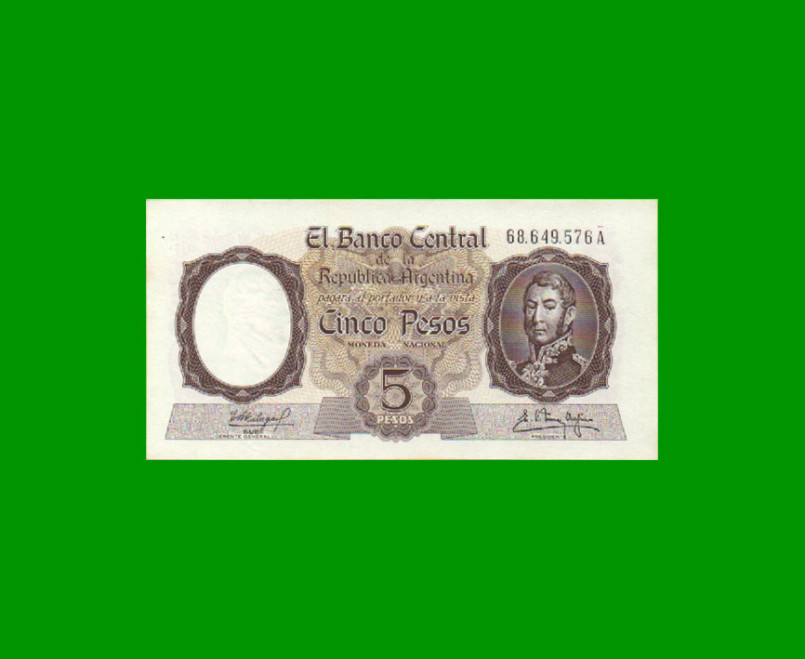 MONEDA NACIONAL $ 5,00, BOT 1924, AÑO 1961, ESTADO EXCELENTE+ .-