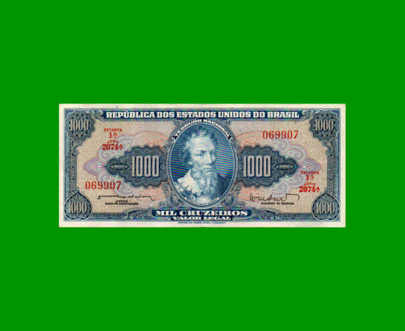 BILLETE DE BRASIL 1.000 CRUZEIROS, PICK 173b, AÑO 1962, ESTADO MUY BUENO+ .-