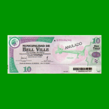 BONO MUNICIPALIDAD DE BELL VILLE $10,00, AÑO 2010/2011, ESTADO EXCELENTE.-