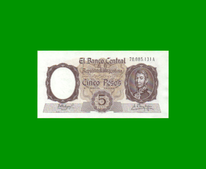 MONEDA NACIONAL $ 5,00, BOT 1925, AÑO 1962, ESTADO EXCELENTE+ .-