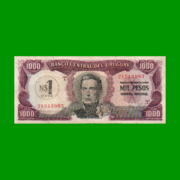 BILLETE DE URUGUAY $1.000 PESOS RESELLADO A 1 N$, PICK 55, AÑO 1975, ESTADO BUENO.-