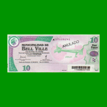 BONO MUNICIPALIDAD DE BELL VILLE $10,00, AÑO 2010/2011, ESTADO EXCELENTE+ .-