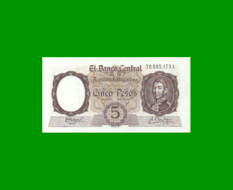 MONEDA NACIONAL $ 5,00, BOT 1925, AÑO 1962, ESTADO SIN CIRCULAR.-