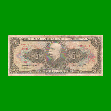 BILLETE DE BRASIL 5 CRUZEIROS, PICK 176a, AÑO 1962, ESTADO BUENO+ .-