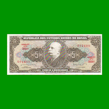 BILLETE DE BRASIL 5 CRUZEIROS, PICK 176a, AÑO 1962, ESTADO EXCELENTE+ .-