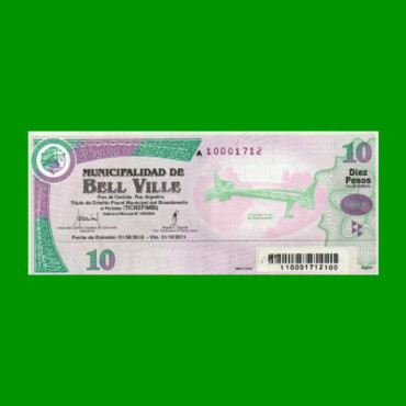 BONO MUNICIPALIDAD DE BELL VILLE $10,00, AÑO 2010/2011, ESTADO EXCELENTE.-