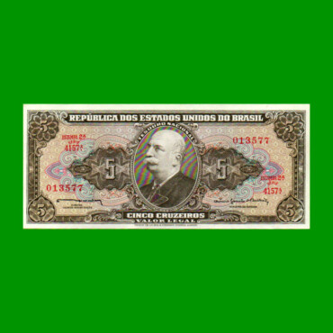 BILLETE DE BRASIL 5 CRUZEIROS, PICK 176c, AÑO 1964, ESTADO EXCELENTE+ .-