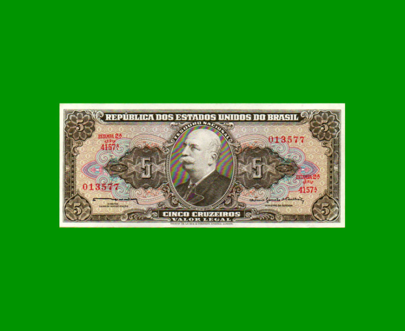 BILLETE DE BRASIL 5 CRUZEIROS, PICK 176c, AÑO 1964, ESTADO EXCELENTE+ .-