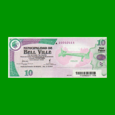 BONO MUNICIPALIDAD DE BELL VILLE $10,00, AÑO 2010/2011, ESTADO EXCELENTE+ .-