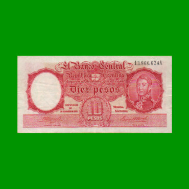 MONEDA NACIONAL $10,00, BOT 1929, FIRMA ROJA, AÑO 1944, ESTADO MUY BUENO.-