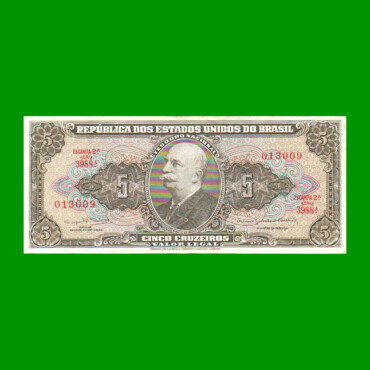 BILLETE DE BRASIL 5 CRUZEIROS, PICK 176d, AÑO 1964, ESTADO EXCELENTE.-