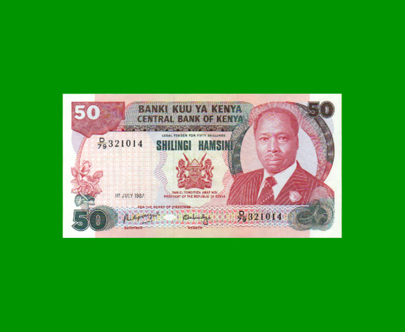 BILLETE DE KENYA 50 SHILINGI,  PICK 22d, AÑO 1987, ESTADO SIN CIRCULAR.-