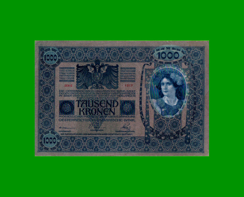 BILLETE DE AUSTRIA 1.000 CORONAS, PICK 59, AÑO 1902 (1919), ESTADO EXCELENTE.- - Imagen 2