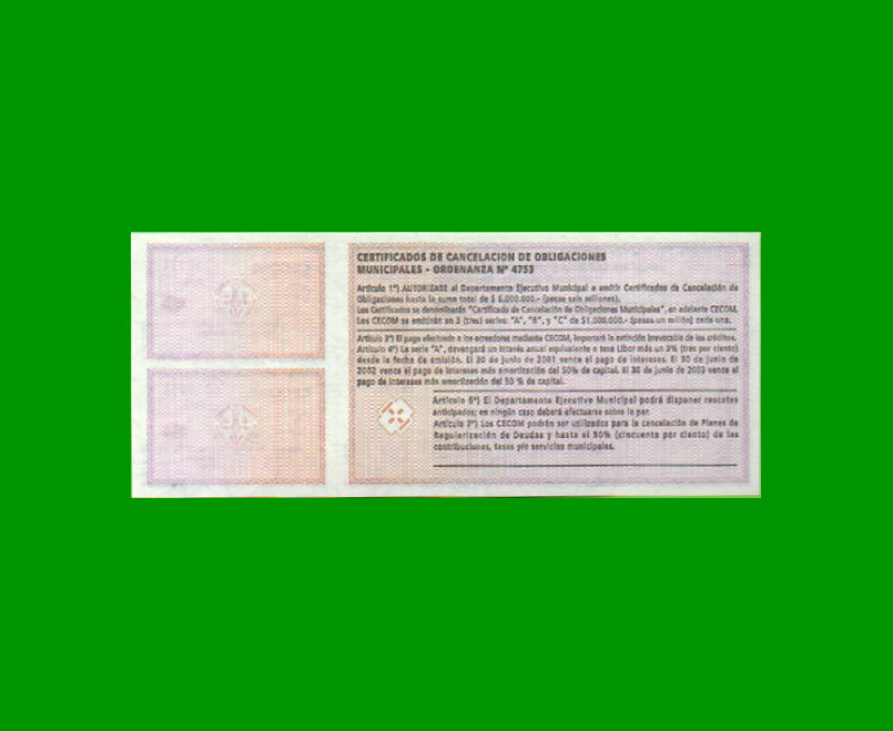 BONO MUNICIPALIDAD DE SAN FRANCISCO $ 10,00, AÑO 2001, SERIE A, ESTADO SIN CIRCULAR.- - Imagen 2