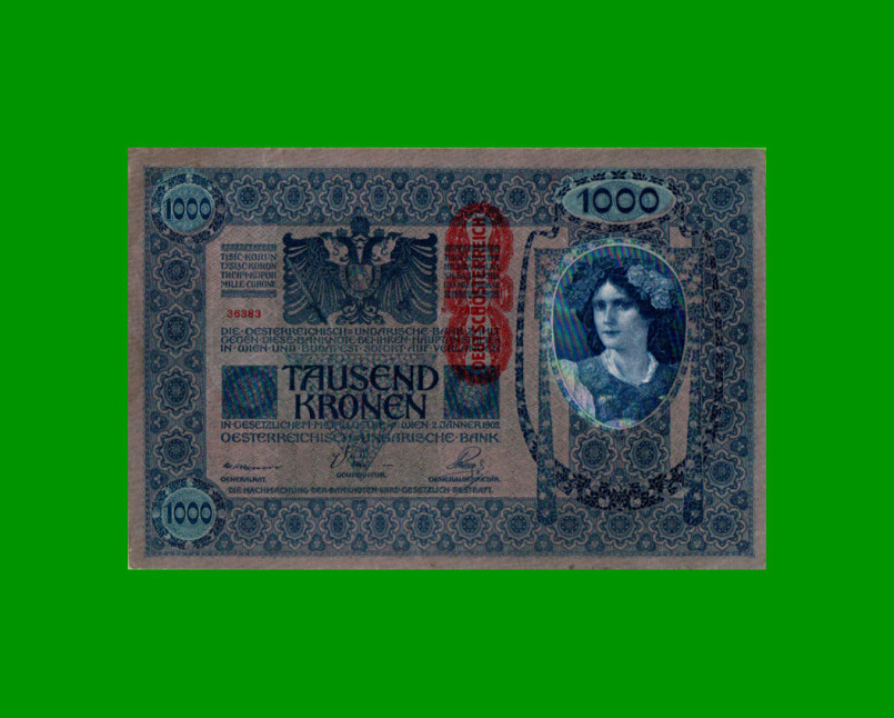 BILLETE DE AUSTRIA 1.000 CORONAS, PICK 59, AÑO 1902 (1919), ESTADO EXCELENTE.-