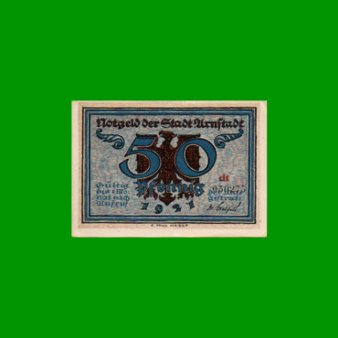 BILLETE DE ALEMANIA NOTGELD CIUDAD DE ARNFTADT 50 CENTAVOS, M. M. 43.1, ESTADO EXCELENTE.-
