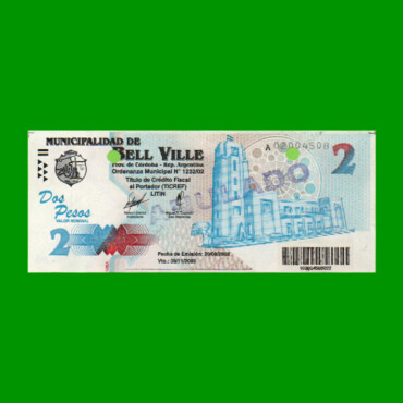 BONO MUNICIPALIDAD DE BELL VILLE $2,00, AÑO 2002/2003, ESTADO EXCELENTE+ .-