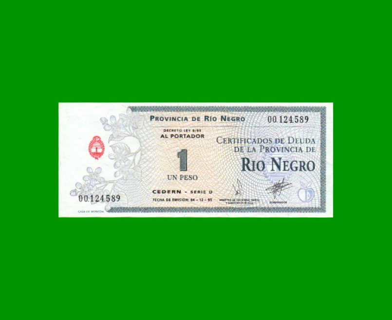 BONO DE RIO NEGRO $ 1,00, EC 377, AÑO 1995, ESTADO EXCELENTE+ .-