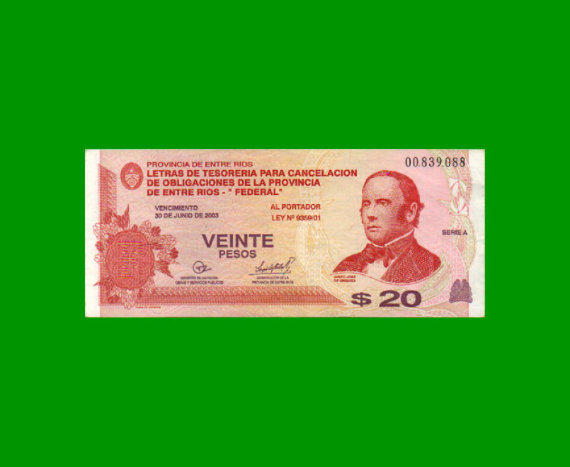 BONO DE ENTRE RIOS $ 20,00, EC NO CATALOGADO, AÑO 19/11/2001, ESTADO EXCELENTE- .-