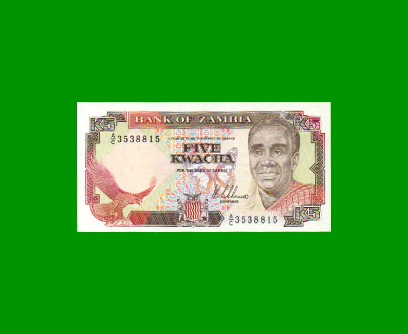 BILLETE DE ZAMBIA 5 KWACHA, PICK 30a, AÑO 1989, ESTADO SIN CIRCULAR.-