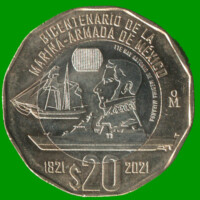 MONEDA DE MEXICO 20 PESOS, CONMEMORATIVA, BIMETALICA, AÑO 2021, BICENTENARIO MARINA ARMADA, ESTADO NUEVA.-