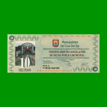 BONO MUNICIPALIDAD DE CRUZ DEL EJE $ 10,00, AÑO 1996, SERIE A, ESTADO SIN CIRCULAR.-