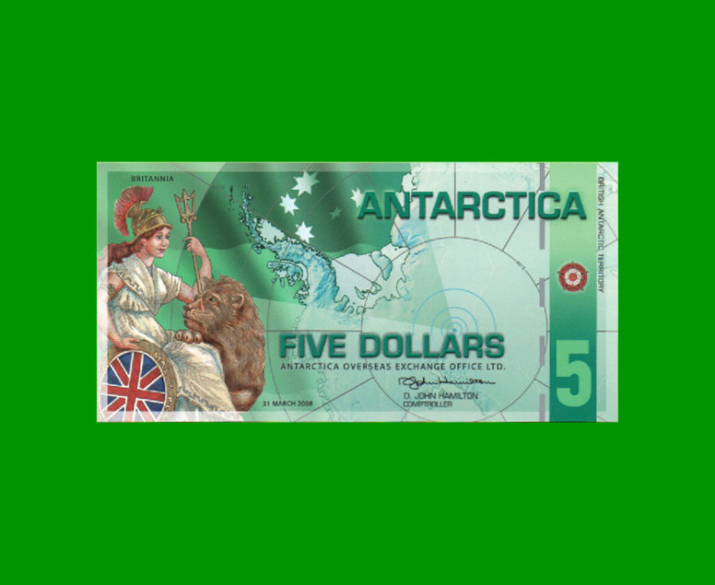 BILLETE DE ANTARTIDA 5 DOLARES, POLYMERO FANTASIA, AÑO 2008, ESTADO SIN CIRCULAR.-