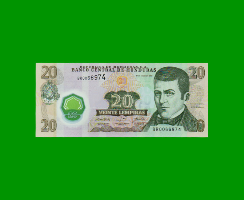 BILLETE DE HONDURAS 20 LEMPIRAS, POLYMERO PICK 95, AÑO 2008 ESTADO SIN CIRCULAR.-