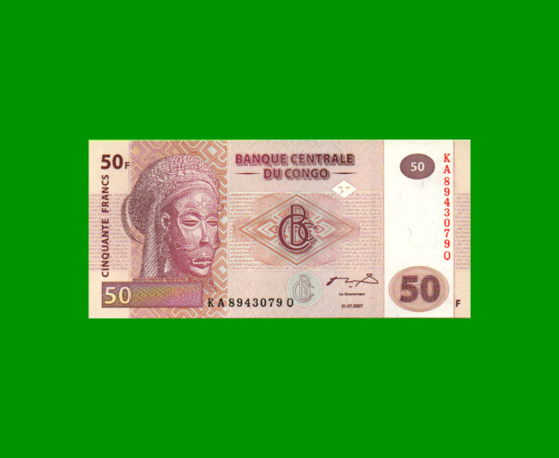 BILLETE DE CONGO 50 FRANCOS, PICK 97, AÑO 2007, ESTADO SIN CIRCULAR.-