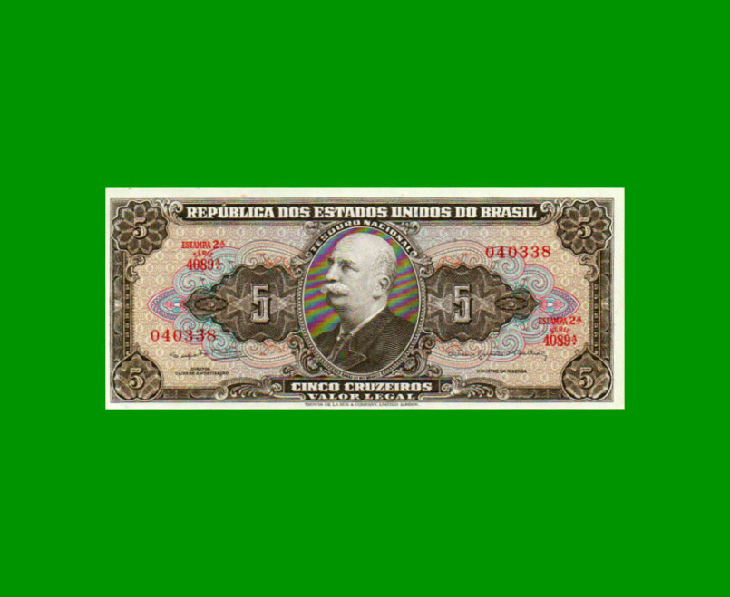 BILLETE DE BRASIL 5 CRUZEIROS, PICK 176d, AÑO 1964, ESTADO SIN CIRCULAR.-