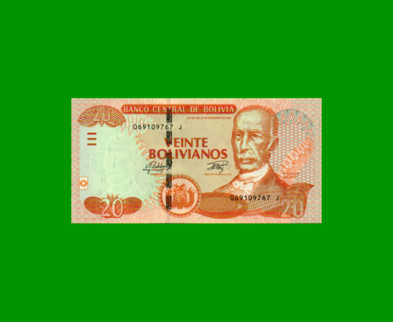 BILLETE DE BOLIVIA 20 BOLIVIANOS, PICK 244, AÑO 1986 (2015), ESTADO SIN CIRCULAR.-