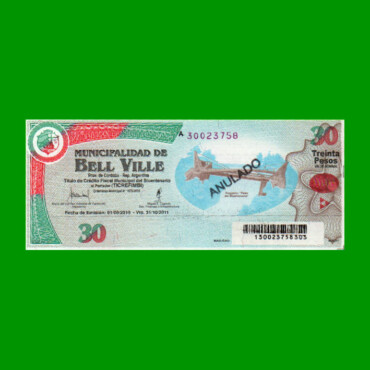 BONO MUNICIPALIDAD DE BELL VILLE $30,00, AÑO 2010/2011, ESTADO EXCELENTE.-