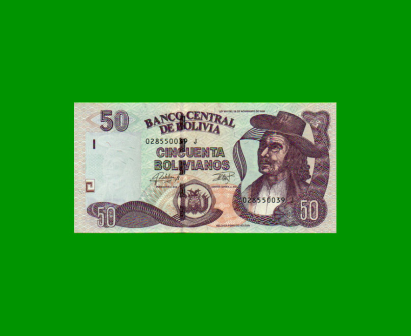 BILLETE DE BOLIVIA 50 BOLIVIANOS, PICK 245, AÑO 1986 (2016), ESTADO SIN CIRCULAR.-