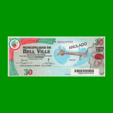 BONO MUNICIPALIDAD DE BELL VILLE $30,00, AÑO 2010/2011, ESTADO SIN CIRCULAR.-