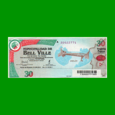 BONO MUNICIPALIDAD DE BELL VILLE $30,00, AÑO 2010/2011, ESTADO EXCELENTE.-